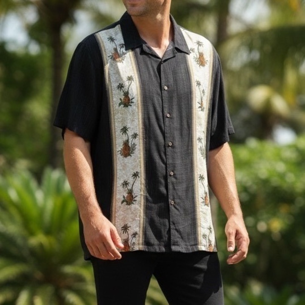 Batik Bay Shirt Mens L Black Pineapple Palm Tree Short Sleeve Rayon Button Down